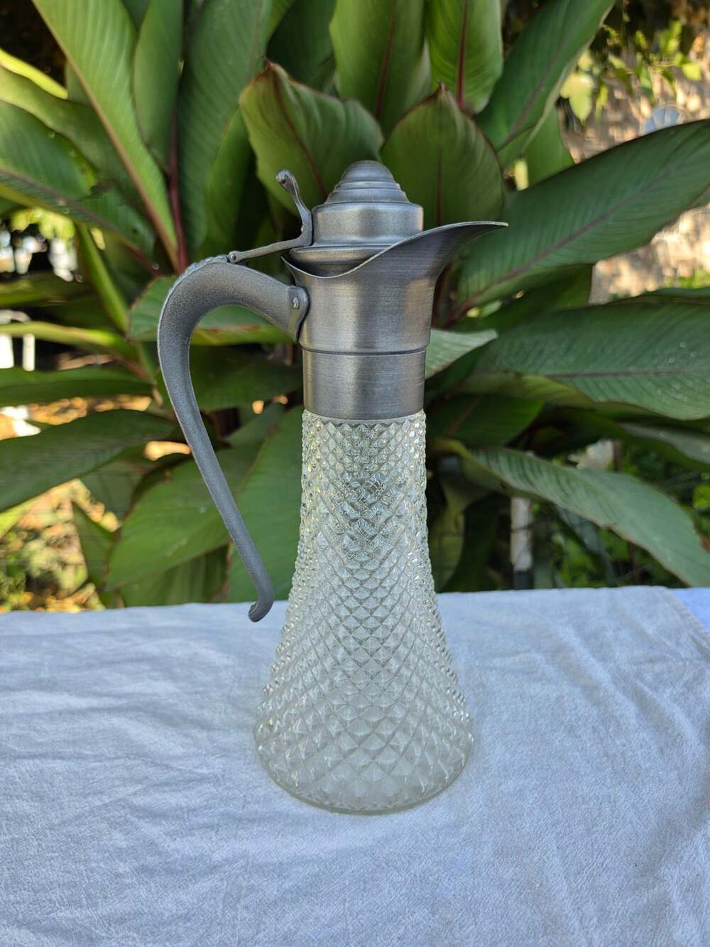 Vintage Diamond Pattern Glass Claret Jug Wine Pitcher Hinged Lid Handle